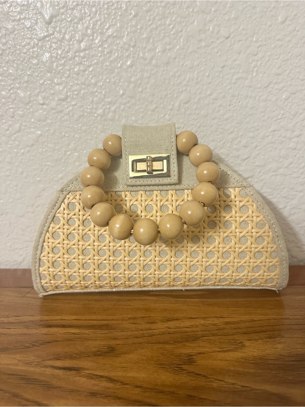 Beige Woven Straw Dome Wristlet Bag with Wooden Bead Handle